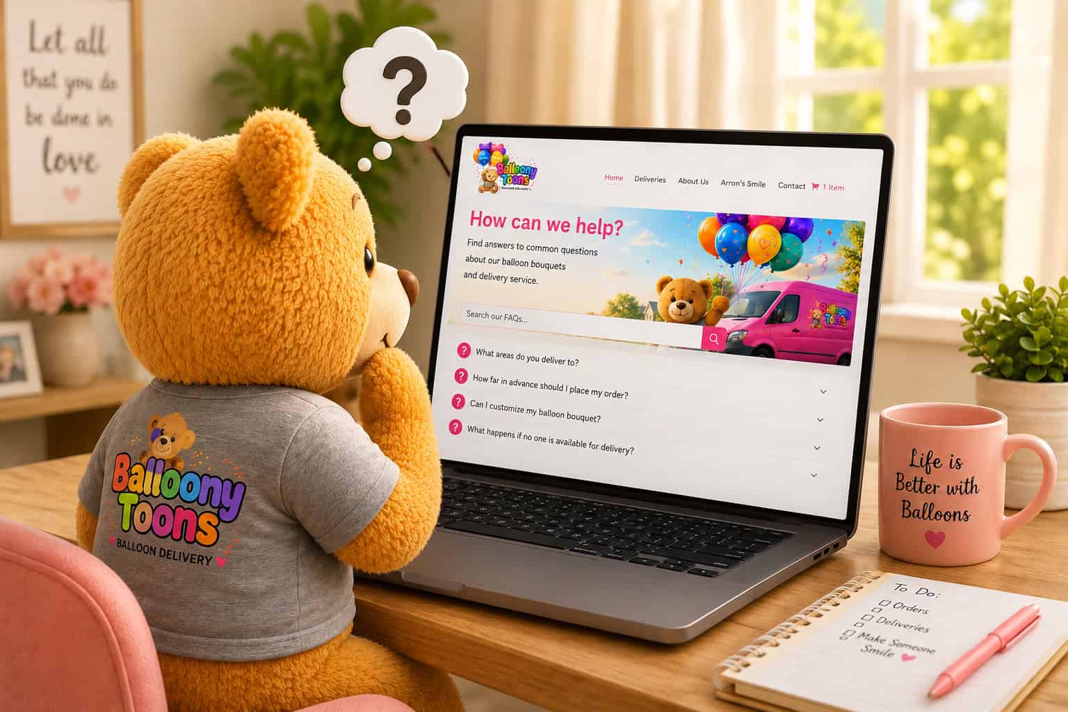 teddy bear asking a question about balloon bouquet delivery DFW